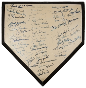 Hall Of Famer Home Plate Signed by 57 HOFers Incl. Williams, DiMaggio and Mantle (JSA)